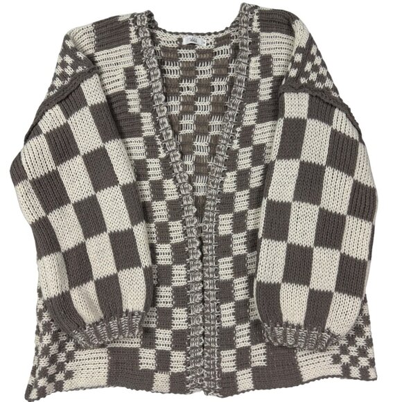 1X Talulah Check Cardigan Sweater Oversize Balloon Sleeve Taupe Cream Boutique - Picture 4 of 9